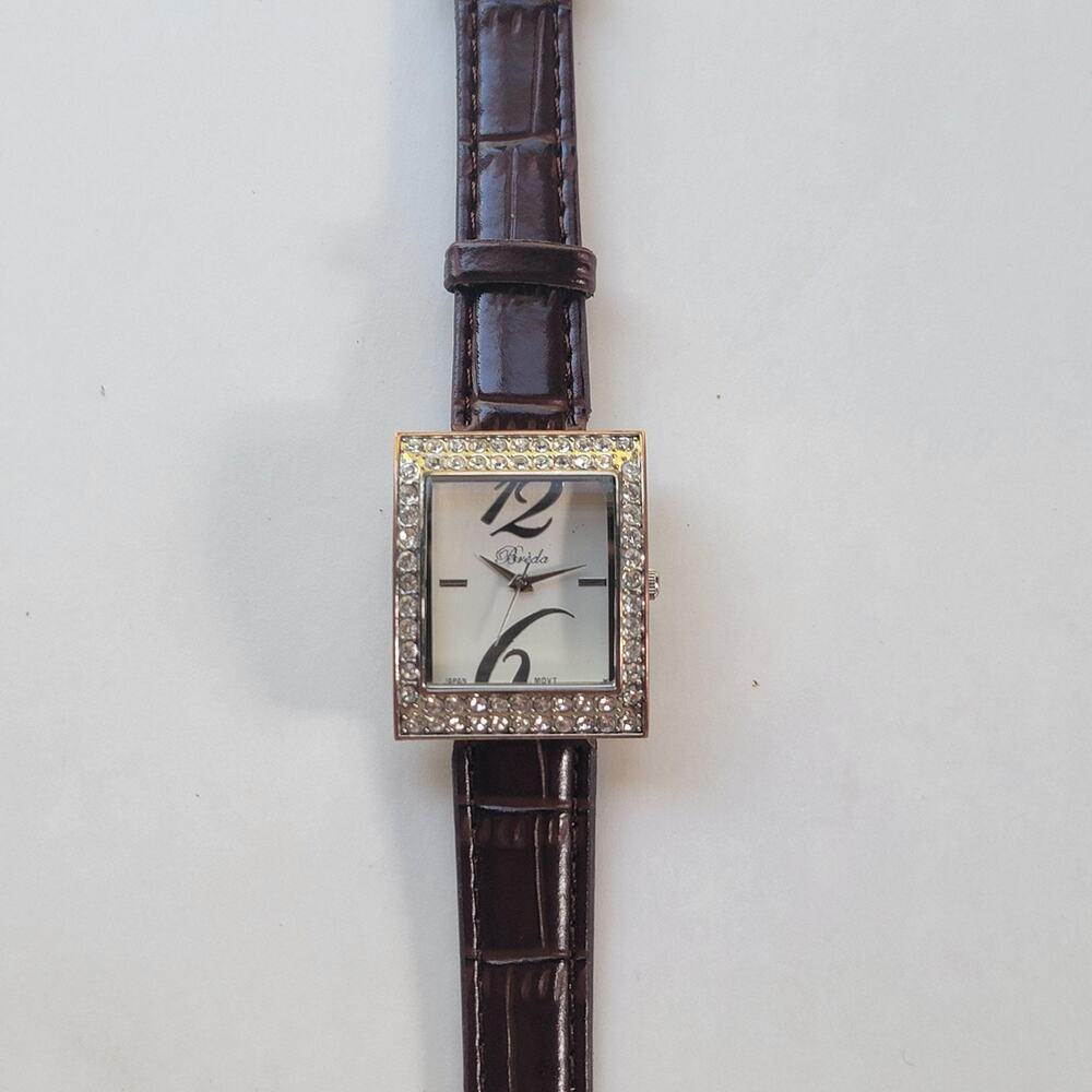 Breda Womens Watch Silver Crystal Bezel Brown Faux Leather Quartz Japan Movt